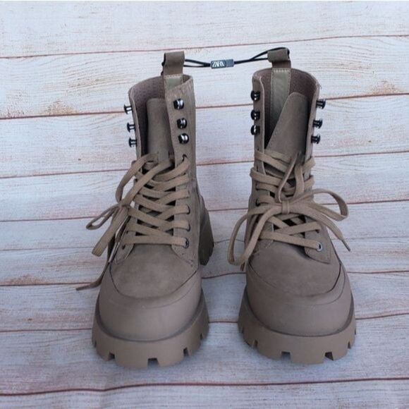 Zara Lug Sole Leather Suede Front Lace Up Ankle Boots Booties Combat Size 40 - Picture 3 of 13